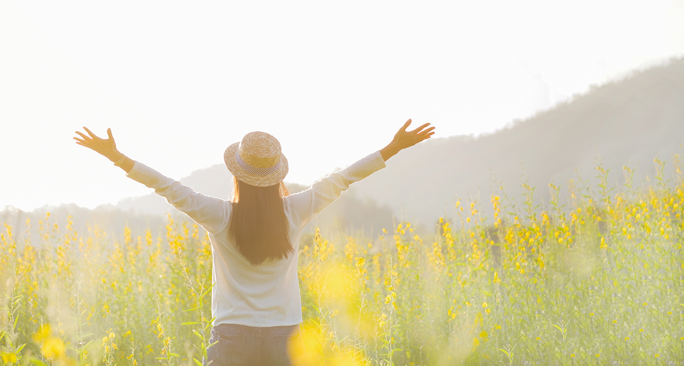 Female teen girl stand feel freedom and relaxation travel outdoo
