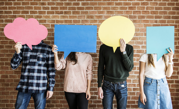 Friends holding up copyspace placard thought bubbles